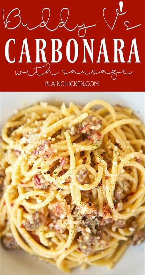 Sausage Carbonara Pasta, Sausage Carbonara, Italian Casseroles, Bucatini Carbonara, Pasta Parmesan, Easy Sausage Recipes, Ground Sausage Recipes, Weeknight Pasta, Sausage Recipes For Dinner