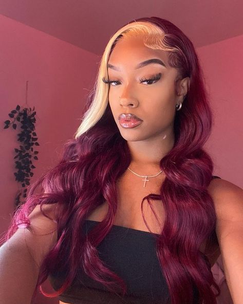 99J Burgundy Skunk Stripe Wig Human Hair Lace Front Wig With Blonde Color Side Part Burgundy Wig, Ginger Lace Front Wigs, Skunk Stripe Wig, Burgundy Red Hair, Skunk Stripe, Blonde Streaks, Prom Inspo, Birthday Hair, Deep Wave Hairstyles