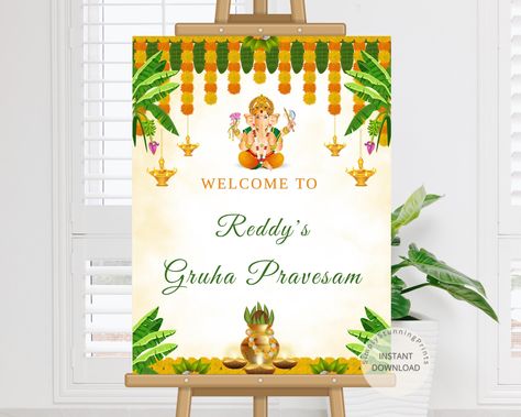 Indian Gruha Pravesam Welcome Sign  | Housewarming Welcome Sign | Gruha Pravesh Decoration | Vastu Poojan Sign | Digital Download Poster by SimplyStunningPrints on Etsy Ganesh Puja, Welcome Boards, Download Poster, Indian Traditional, Print Store, Personalized Prints, Banners Signs, Web Browser, Text Color