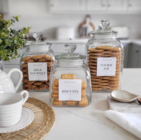 Cookie Biscuit Jar Eco Friendly Personalised Storage Glass Jar Waterproof Label Kitchen Pantry Organisation - Etsy Cookie Jars Display, Pantry Jars, Jar Display, Glass Cookie Jars, Vibrant Living Room, Cookie Storage, Pantry Organisation, Coffee Bar Home, Kitchen Organisation