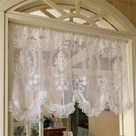 PRICES MAY VARY. Package Included: 2 panels lace sheer kitchen curtain. The floral embroidered sheer valances come with a rod pocket design, making it easy to hang them on a curtain rod. Material: These voile window drapes are made of high-quality polyester, which is soft, long-lasting, and has good privacy effects. They are suitable for various styles of home decoration, such as modern, vintage, pastoral, and country. Light Filtering: The light filtering lace curtain tiers feature a light-filte Short Window Curtains, Sheer Valances, Valances For Living Room, Lace Valances, Curtain Partition, Half Curtains, Short Curtains, Arched Doors, Curtain Valance