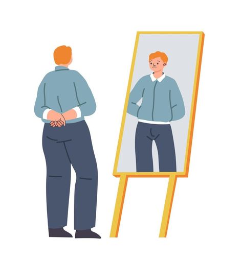 Man looking at reflection in mirror, self embrace Looking At Reflection In Mirror, Man Looking In Mirror, Beverage Advertisement, Looking At Reflection, Jen Lee, Mirror Self, Mirror Vector, Reflection Poster, Vector Frame