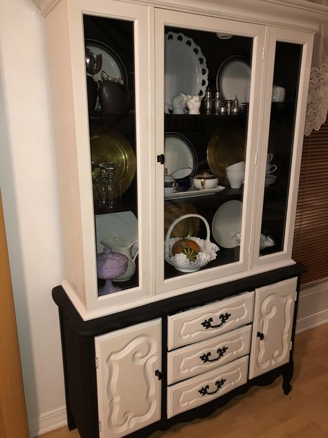 Black And White China Cabinet, White China Cabinet, Black And White China, White China Cabinets, Furniture Flipping, White Living, Curio Cabinet, Furniture Renovation, White China