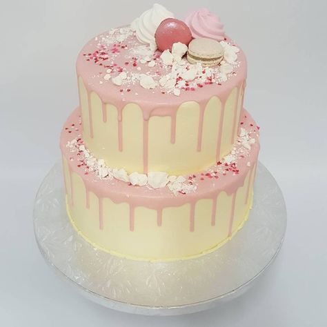 Two Tier Smooth Cream with Pink Drip and Toppings - The Girl on the Swing Hokey Pokey, 3rd Birthday Cakes, Lemon Poppy Seed, Lemon Poppy, Chocolate Topping, Lemon Poppyseed, Vanilla Chocolate, Drip Cakes, The Swing