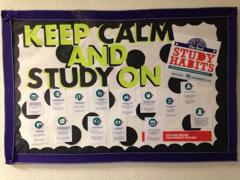 Study Habits/ Skills bulletin board :) Exam Time Bulletin Board Ideas, Destress Bulletin Board Ideas, Study Tips Bulletin Board, Study Skills Bulletin Board, Study Bulletin Board, School Counselor Bulletin Boards, Counselor Bulletin Boards, Res Life Bulletin Boards, Resident Assistant Bulletin Boards