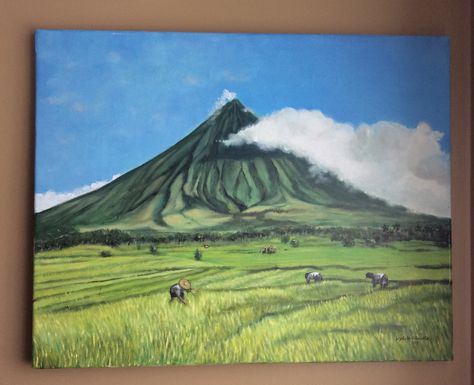 "Mayon volcano" oil on canvas Mayon Volcano Painting, Mayon Volcano Drawing, Volcano Painting, Volcano Drawing, Filipino Art, Perspective Art, Watercolor Mountains, Small Canvas Art, Cute Wallpaper For Phone