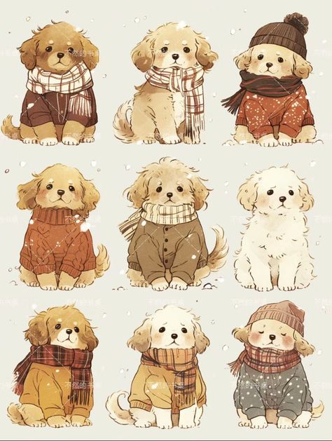 Animals Wearing Clothes Drawing, Animals In Clothes Illustration, Dog Illustration Simple, Christmas Dog Illustration, Cute Dog Drawing, 동화 삽화, Animal Doodles, Cute Sketches, 강아지 그림