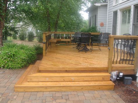 Small Deck To Patio, Low Deck Ideas, Deck To Patio Transition, Deck To Patio, Wooden Deck Designs, Patio Images, Backyard Patio Deck, Patio Plans, Low Deck