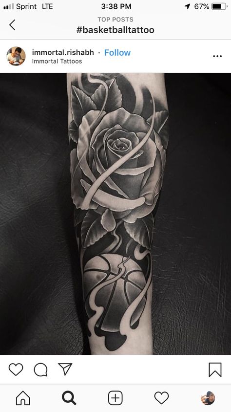 Basketball Forearm Tattoos, Money Rose Tattoo, Jordan Tattoo, Basketball Tattoos, Tiger Tattoo Sleeve, Sport Tattoos, Money Rose, Stencil Outline, Tattoos For Black Skin