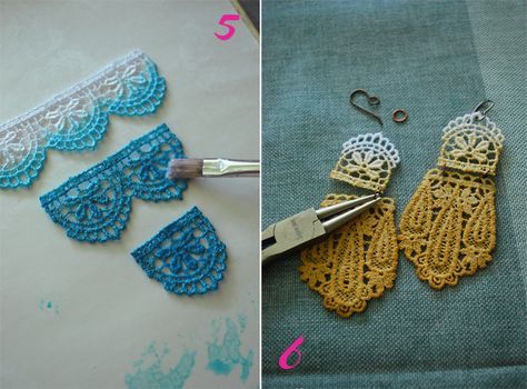 Ombre Lace DIY-3 Diy Lace Earrings, Bijoux Art Nouveau, Lace Painting, Diy Ombre, Lace Diy, Crochet Earrings Pattern, Ombre Lace, Schmuck Diy, Lace Earrings