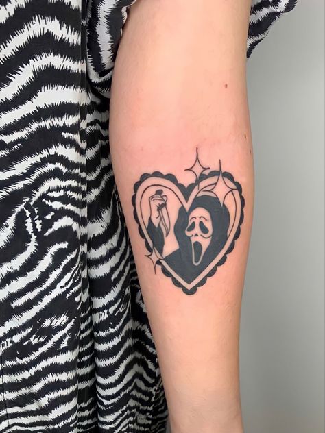 #halloween #tattoo #aesthetic #horror #horrortattoo #halloweentattoo #screamtattoo #vintage #90s #90smovies 90s Horror Tattoo, Halloween Aesthetic Tattoo, 90s Movies Tattoos, Subtle Horror Tattoo, Cute Scream Tattoo, 90 Tattoo Ideas, Cute Ghostface Tattoo, 90s Tattoos Ideas, 90s Inspired Tattoos