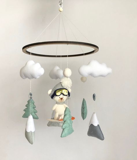 Baby mobile for boy travel Eco mobile bear snowboard Nursery mobile neutral mountains mobile by BabyMobileByHappyOwl on Etsy Boy Baby Shower Decor, Stars Baby Mobile, Baby Mobile Felt, Woodland Mobile, Mobile Hanger, Boy Rooms, Nursery Boy, Baby Changing Tables