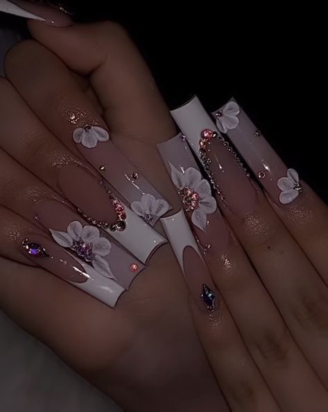 Baddie Nails Acrylic 3d Flowers, Bling Flower Nails, Flower Acyrilics Nails, Black French Tip Nails With 3d Flowers, 3d Acrylic Flowers Nails, Red 3d Flower Nails, Beauty And The Beast Nails Acrylic, Nails With An Initial, Nail Inspo With Initial