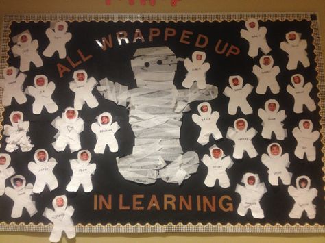 All Wrapped up in learning. October Bulletin Board Pre K Bulletin Board Ideas Prek, Bulletin Boards For Preschool, October Bulletin Board Ideas, Prek Halloween, October Bulletin Board, October Bulletin Boards, Kids Bulletin Boards, Halloween Classroom Decorations, Bulletin Boards Theme