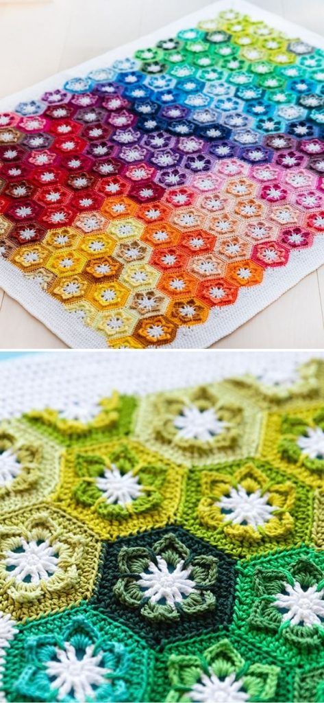 Rainbow Hexagon Crochet Blanket, Crochet Patterns Hexagon, Flower Crochet Hexagon, Hexagon Flower Crochet Pattern, Crocheted Hexagon Pattern, Hexagon Flower Crochet, Crochet Blanket Center Start, Scheepjes Colour Pack Patterns, Crochet Hexagon Blanket Pattern Free