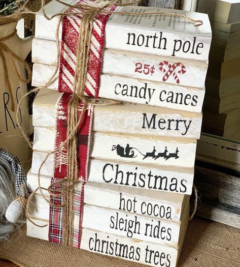 Diy Antique Books, Books Stacked, Wood Books, Candy Cane Sleigh, Christmas Booth, Stamped Books, Hot Cocoa Christmas, Books Christmas, Crafts Homemade