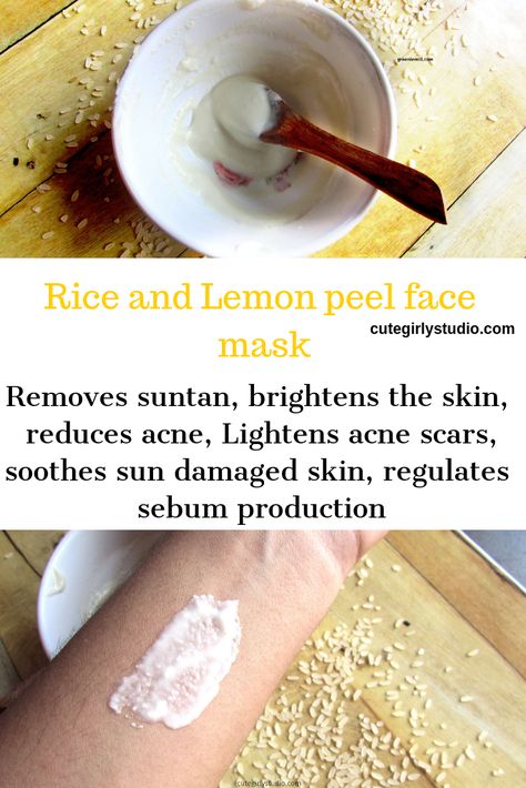 Rice face mask to remove suntan, acne scars and pigmentation. Rice and lemon peel face mask lighten scars and blemishes. Diy rice flour face mask brightens the skin and lightens the skin when used regularly. DIY Rice face for oily skin. #cutegirlystudio #ricefacemask #diyskincare #diy #naturalskincare #facemask #facepack #suntan #tanremoval #skincareroutine #acne #homeremedy #acneproneskin #oilyskincare Rice Flour Face Mask For Acne, Diy Rice Flour, Rice Flour Face Mask, Flour Face Mask, Peel Face Mask, Rice Face Mask, Repair Sun Damaged Skin, Healthy Tricks, Baking Soda Face Scrub