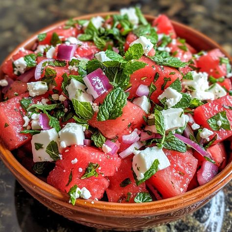 🍉🧀 Refresh with a vibrant Watermelon Feta Mint Salad! #SummerSalad #FreshFlavors Watermelon Feta Mint Salad Ingredients: Watermelon (4 cups, cubed) Feta cheese (1 cup, crumbled) Fresh mint leaves (1/4 cup, chopped) Red onion (1/4, thinly sliced) Balsamic glaze (2 tbsp) Olive oil (1 tbsp) Salt (to taste) Black pepper (to taste) Instructions: In a large bowl, combine watermelon, feta, mint, and red onion. Drizzle with olive oil and balsamic glaze. Season with salt and pepper, and toss gentl... Watermelon Feta Mint Salad, Watermelon And Feta Salad, Easy Chocolate Cupcake Recipe, Salad Watermelon, Feta Salad Recipe, Fun Cupcake Recipes, Watermelon Feta Salad, Mozzarella Salad, Instagram Recipes