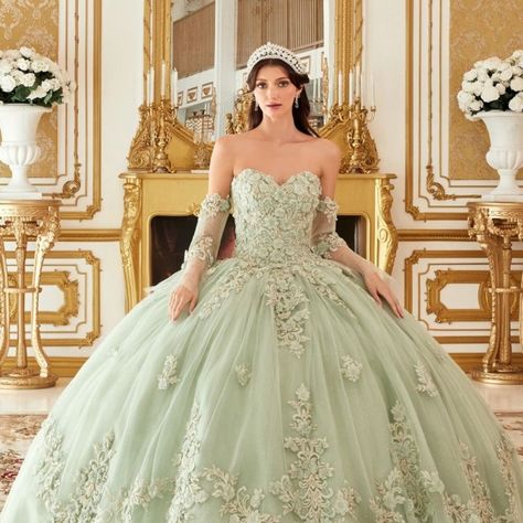 Tiana Quince, Sage Green Quinceanera Dresses, Forest Outfits, Vestido Charro, Green Quinceanera, Floral Ball Gown, Princess Gowns, Quinceñera Dresses, Tulle Balls