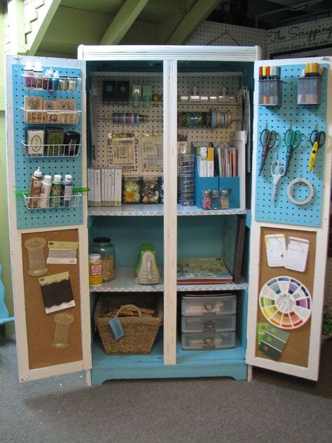 armoire turned craft chest, crafts, painted furniture Craft Armoire, Furniture Repurposing, Craft Closet, Craft Room Furniture, Craft Cabinet, Dream Craft Room, Craft Room Design, Organization Furniture, Office Crafts