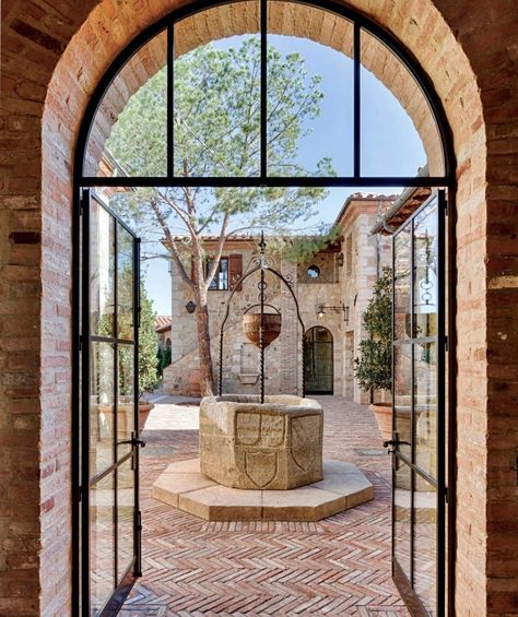 Italian Courtyard, Mediterranean Farmhouse, Limestone Cladding, Mediterranean Courtyard, Brick Living Room, Italian Farmhouse, Italy Villa, Casa Patio, Small Remodel