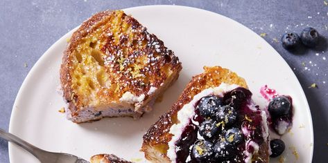 Blueberry-Lemon Ricotta Stuffed French Toast Recipe - How To Make Ricotta Stuffed French Toast Biscuit And Gravy Bake, Ricotta French Toast, Brioche French Toast, Sweet Savory Recipes, Sticky Buns Recipes, Sour Cream Coffee Cake, Lemon Ricotta, Spinach And Cheese, Pound Cake Recipes