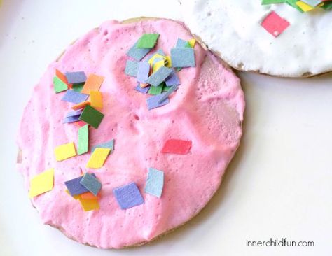 Cardboard Crafts - Pretend Cookie Shop - Inner Child Fun Cardboard Cookies, Imagination Play, Cookie Shop, School Age Activities, Cardboard Craft, Cookie Craft, Children Activities, Church Camp, Elmer's Glue