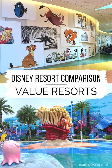 Disney Resort comparison - value resorts. A quick comparison of Disney’s value resorts to help you plan your Disney vacation! Disney Value Resorts, Disney World Guide, Disney Hotel, Disney Pop Art, Disney Art Of Animation, Art Of Animation Resort, Disney World Rides, Disney Resort Hotels, Disney World Hotels