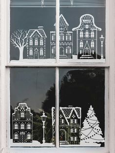 Christmas Village Window Painting, Christmas Windows Painted, Christmas Decorations Windows, Christmas Retail Window Display Ideas, Christmas Village Window Display, Advent Window Ideas, Window Art Christmas, Christmas Window Art Ideas, Winter Window Decor