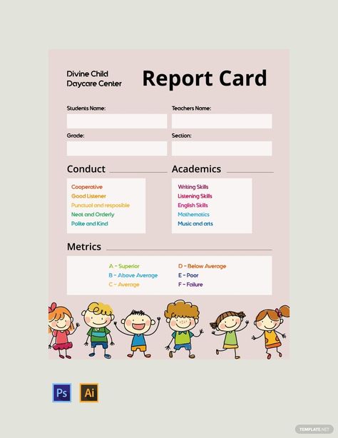 Instantly Download Free Daycare Report Card Template, Sample & Example in Adobe Photoshop (PSD), Adobe Illustrator (AI) Format. Available in A4 & US Sizes. Quickly Customize. Easily Editable & Printable. Daycare Report, Kindergarten Report Cards, Kindergarten Art Activities, Graduation Certificate Template, School Report Card, All About Me Activities, Report Card Template, About Me Activities, Easy Art For Kids