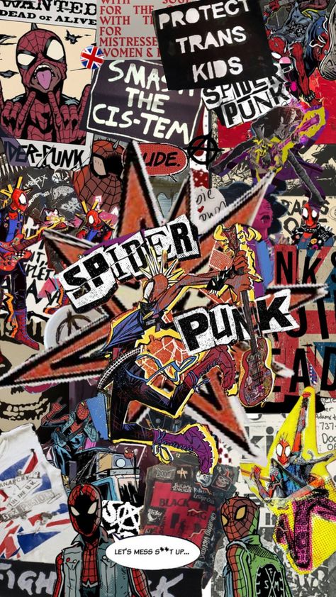 #spiderpunk #spiderverse #spiderman #punksnotdead #punk Spider Punk Quotes, Hobie Brown X Oc Fanart, Spider Punk Collage, Punk Collage Art, Punk Rock Spiderman, Hobie Wallpapers, Spiderpunk Aesthetic, Punk Aesthetic Pictures, Retro Punk Aesthetic