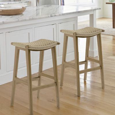 Marbella Backless Bar & Counter Stool | Grandin Road Mid Century Cabin, Wicker Bar Stools, Rattan Bar Stools, Counter Stools Backless, Bar Counter Stools, Shop Stool, Backless Stools, Kitchen Counter Stools, Backless Bar Stools