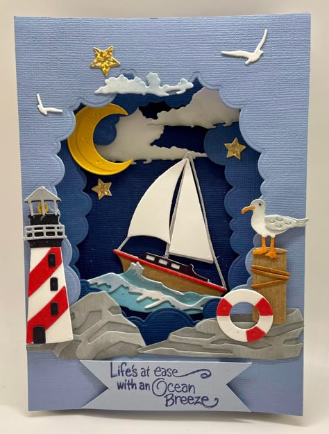 Lighthouse Cards Handmade, Spellbinders Whale In A Bottle, Cardboard Lighthouse, Design In Paper, Dimensional Cards, Tunnel Cards, Paper Miniatures, Boat Card, Sailing Theme