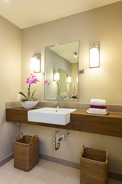 Roll under sink w tilted mirror Accessible Bathroom Sink, Behindertengerechtes Bad, Wheelchair Accessible Bathroom, Office Bathroom Design, Universal Design Bathroom, Wooden Bathroom Vanity, Accessible Bathroom Design, Ada Bathroom, Simple Bathroom Remodel