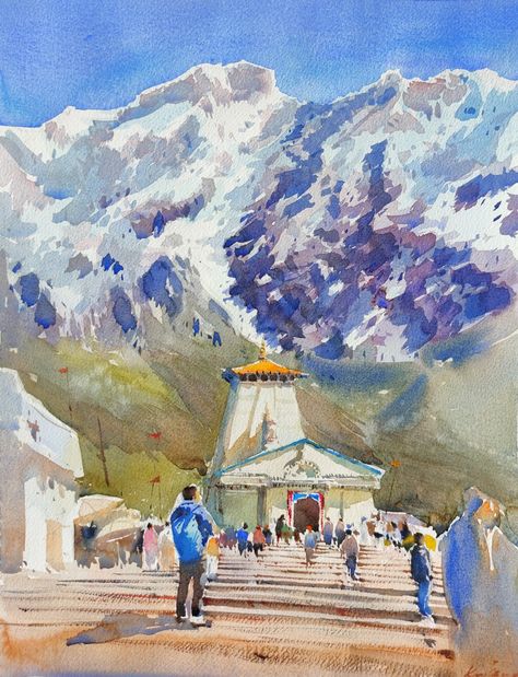 Kedarnath Temple Watercolor Painting, Kedarnath Watercolor Painting, Water Colour Painting Watercolour Easy, Shiva Mountain, Kedarnath Temple Painting, Shiva Kedarnath, Save Water Poster Drawing, Save Water Poster, Kedarnath Temple