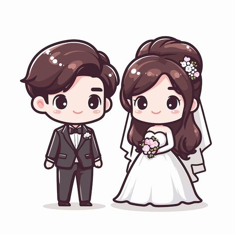 Bride And Groom Cartoon Cute, Draw Wedding Dress, Wedding Cartoon Illustration, Married Cartoon, Wedding Couple Vector, Cartoon Printable, Groom Cartoon, Wedding Cartoon, Cute Chibi Couple