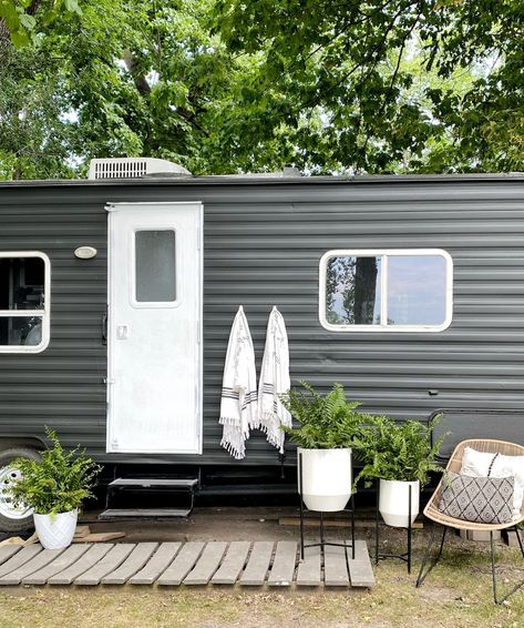 Old Travel Trailer Remodel, Painting A Camper Exterior Glamping, Camper Exterior Siding Ideas, How To Paint Outside Of Camper, Travel Trailer Exterior Remodel, Painting The Outside Of A Camper, Camper Converted To Tiny House, Coachmen Camper Remodel, Paint Exterior Camper