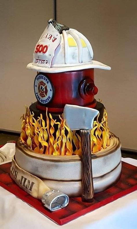 Fire Department Retirement Cake, Firefighter Cakes Ideas, Firefighter Grooms Cake Wedding, Firefighter Birthday Cake For Men, Retirement Party Ideas For Firefighter, Fire Hydrant Cake, Fireman Retirement Cake, Fireman Grooms Cake, Fire Department Cake