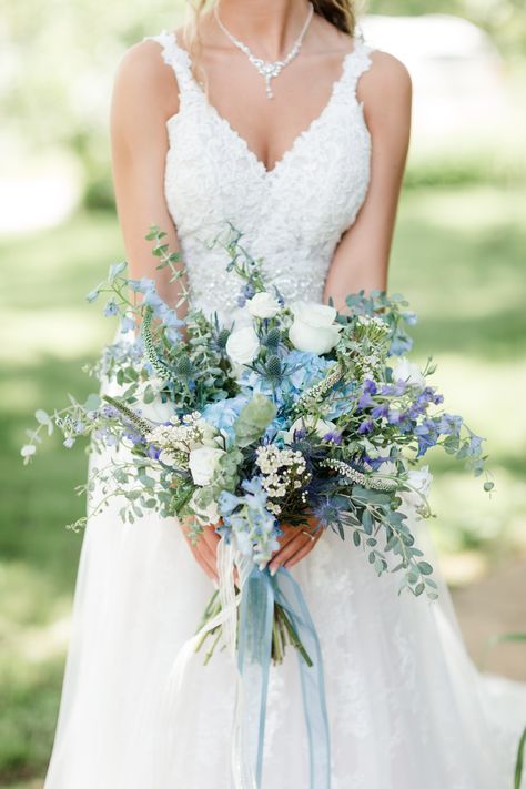 Pale Blue Wedding Bouquet, Cornflower Blue Bouquet, Bluebells Wedding Bouquet, Blue Wildflower Wedding Bouquet, Rustic Spring Wedding Bouquet, Spring Wedding Dusty Blue, Cornflower Blue Wedding Flowers, Bridal Bouquet With Hydrangeas, Blue And Yellow Bridal Bouquet