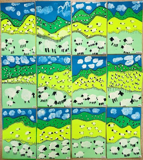 1st Grade LAMBscapes! Soooo stinkin’ cute!! 🐑🐑🐑 We learned how to create space using foreground, middleground, and background. You just kn… | Instagram Landscape Elementary Art Lesson, 2nd Grade March Art Projects, Spring Art Grade 1, Sheep Art For Kids, Farm Animal Art Projects, Art For Kindergarteners, Foreground Middleground Background Art, Art Projects For 1st Grade, Grade 3 Art Projects