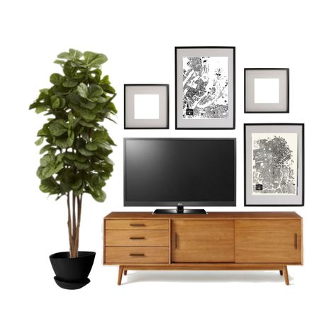 Decor By Tv Stand, Tv Wall With Artwork, Off Center Tv Gallery Wall, Plant Next To Tv Stand, Mirror On Tv Wall, West Elm Tv Console, West Elm Tv Stand, Off Center Tv Wall Decor, Picture Gallery Around Tv