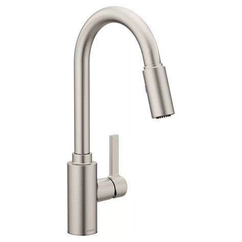 Moen Single Handle Pull Down Kitchen Faucet in Spot Resist™ Stainless | Ferguson Moen Genta, High Arc Kitchen Faucet, Moen Kitchen Faucet, Spring Music, Modern Kitchen Faucet, Brushed Nickel Kitchen, Kitchen Finishes, Fast Cleaning, Single Handle Kitchen Faucet