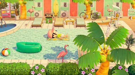 m a r i l y n on Instagram: “Relaxing at the Flamingo Motel pool 🦩 I was inspired by the amazing motel of @opalisle.ac Tropical pattern: @isle_of_syren . . .…” Acnh Tropicore, Motel Pool, Acnh Tropical, Acnh Beach, Acnh Kidcore, Island Layout, Ac Ideas, Animals Crossing, Animal Crossing Funny