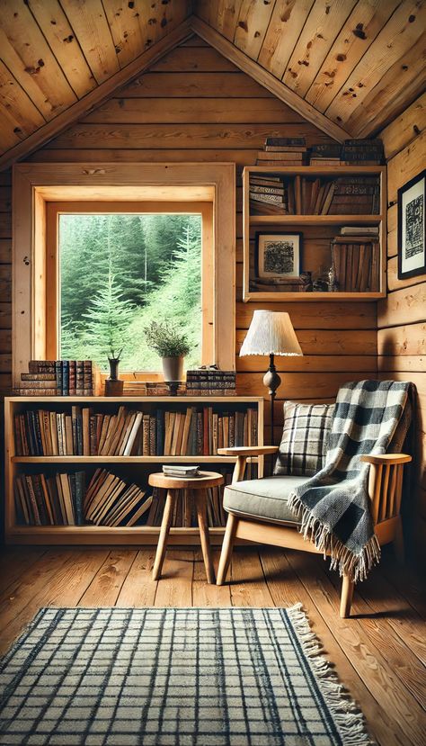 Light And Airy Cabin, Cabin Inspired Decor, Small Mountain Cabin Decor, Rustic Cabins In The Woods Interior, Wooden Cottage Interior, Cabin Bookshelves, Tiny Cabin Interiors, Cabin Reading Nook, Cabin Aesthetic Interiors