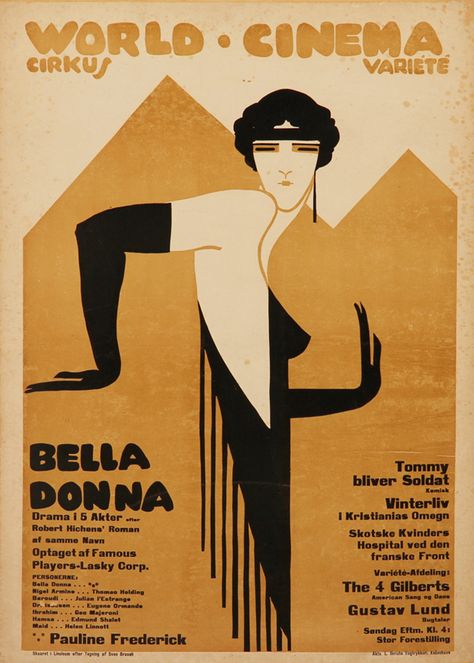 ein-bleistift-und-radiergummi: “ Sven Brasch. Poster Design/Filmplakat 'Bella Donna' 1918. (Source: lauritz.com) ” 1920s Poster, World Cinema, Collage Foto, Motif Art Deco, Art Deco Illustration, Old Movie, Art Deco Poster, Deco Poster, Plakat Design