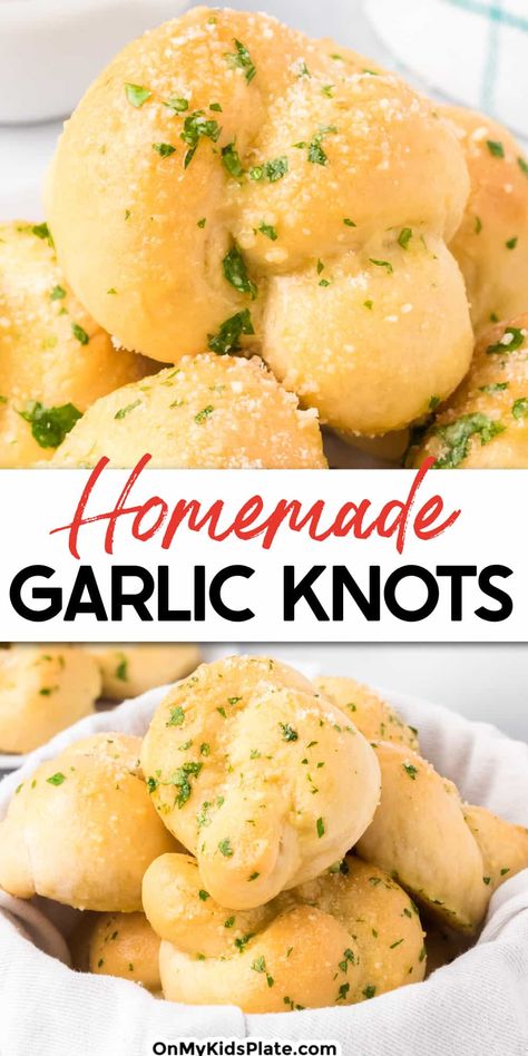 A garlic knot up close on top of a second image of garlic knots in a bowl with title text overlay between the images. Pillsbury Garlic Knots, Diy Garlic Knots, Easy Garlic Rolls, Homemade Garlic Knots, Garlic Parmesan Knots, Garlic Knot, Homemade Bread Dough, Garlic Knots Recipe, Homemade Garlic Butter