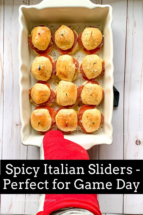 Score a touchdown this game day with Spicy Italian Sliders! #appetizerrecipes #superbowlfood #superbowlsnacks Spicy Italian Sliders, Easy Italian Sliders, Easy Entertaining Food, Italian Sliders, Super Bowl Game, Entertaining Snacks, Bread Twists, Entertaining Appetizers, Entertaining Food