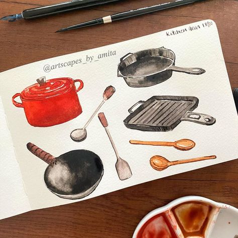 Pan Illustration, Pan Drawing, 2024 Tattoo, Kitchen Gear, Cooking Pan, Watercolor Art Lessons, Illustrators On Instagram, Watercolor Drawing, Le Creuset