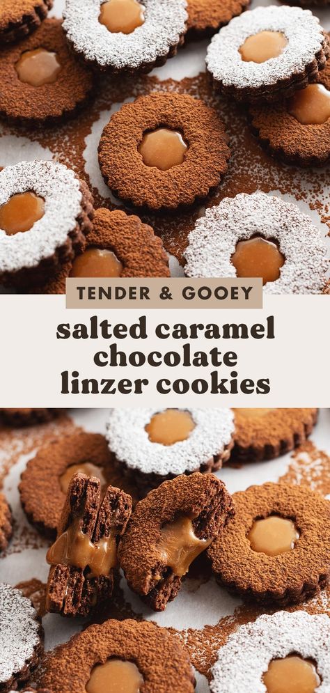 Linzer Cookies With Chocolate Filling, Chocolate Linzer Cookies, Christmas Linzer Cookies, Hazelnut Linzer Cookies, Salted Caramel Filling, Linzer Cookie, Linzer Cookies Recipe, Cookie Recipe Video, Xmas Recipes