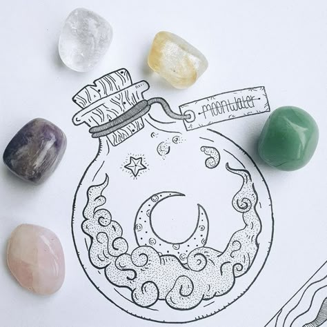 Witchy Drawings Easy, Moon Potion Tattoo, Moon And Crystals Drawing, Spell Jar Drawing, Spell Jar Tattoo, Full Moon Doodle, Witchy Sketches, Witchy Doodles, Cleanse Crystals